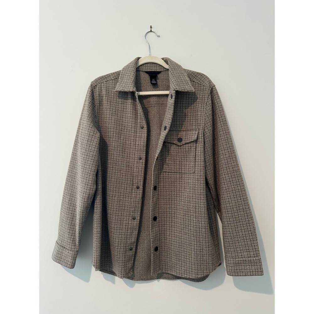 H&M Mens Brown Micro Check Snap Front Shirt Jacket Overshirt Shacket Medium
